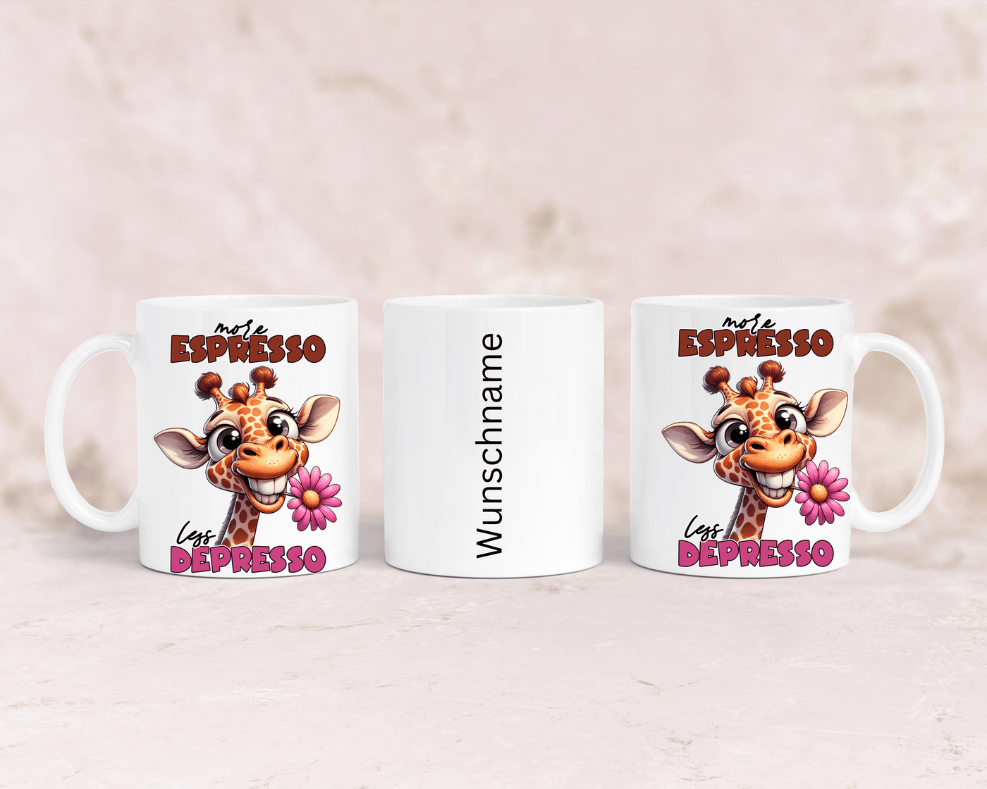 Tasse mit niedlicher Giraffe und dem Spruch „More Espresso“ – personalisierbar
