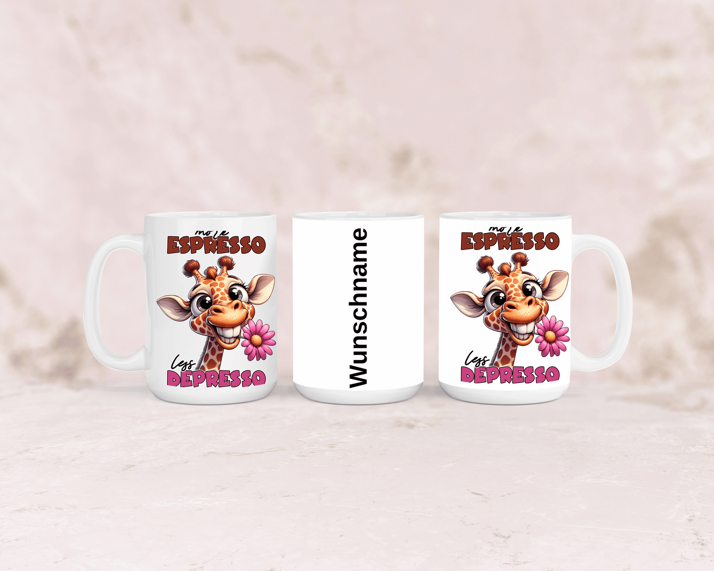 Tasse mit niedlicher Giraffe und dem Spruch „More Espresso“ – personalisierbar