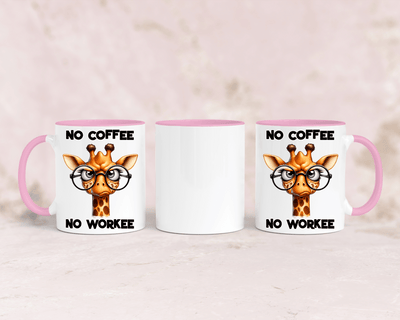 Tasse mit niedlicher Giraffe und dem Spruch „No Coffee No Workee“ – personalisierbar