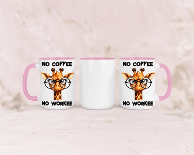 Tasse mit niedlicher Giraffe und dem Spruch „No Coffee No Workee“ – personalisierbar