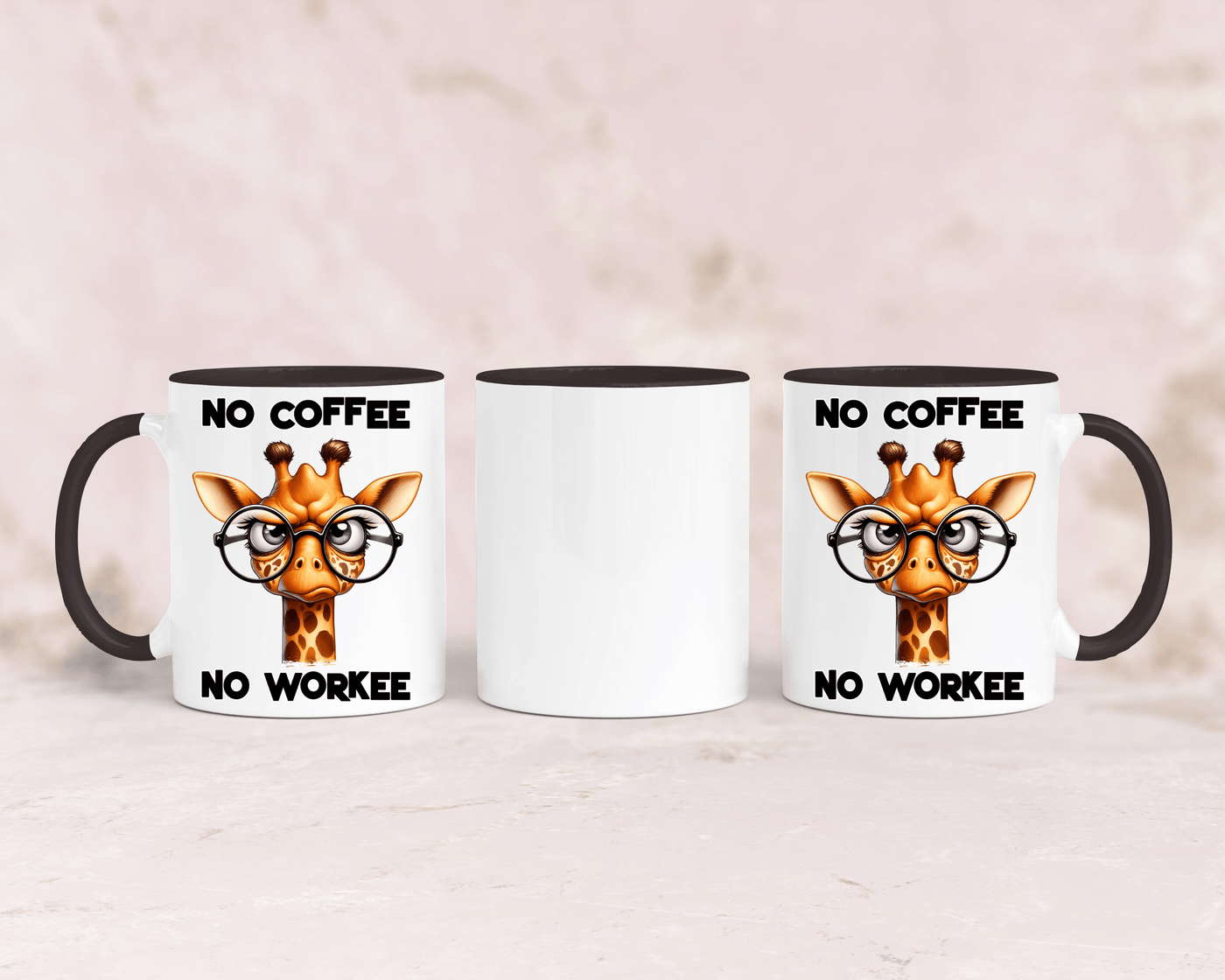 Tasse mit niedlicher Giraffe und dem Spruch „No Coffee No Workee“ – personalisierbar