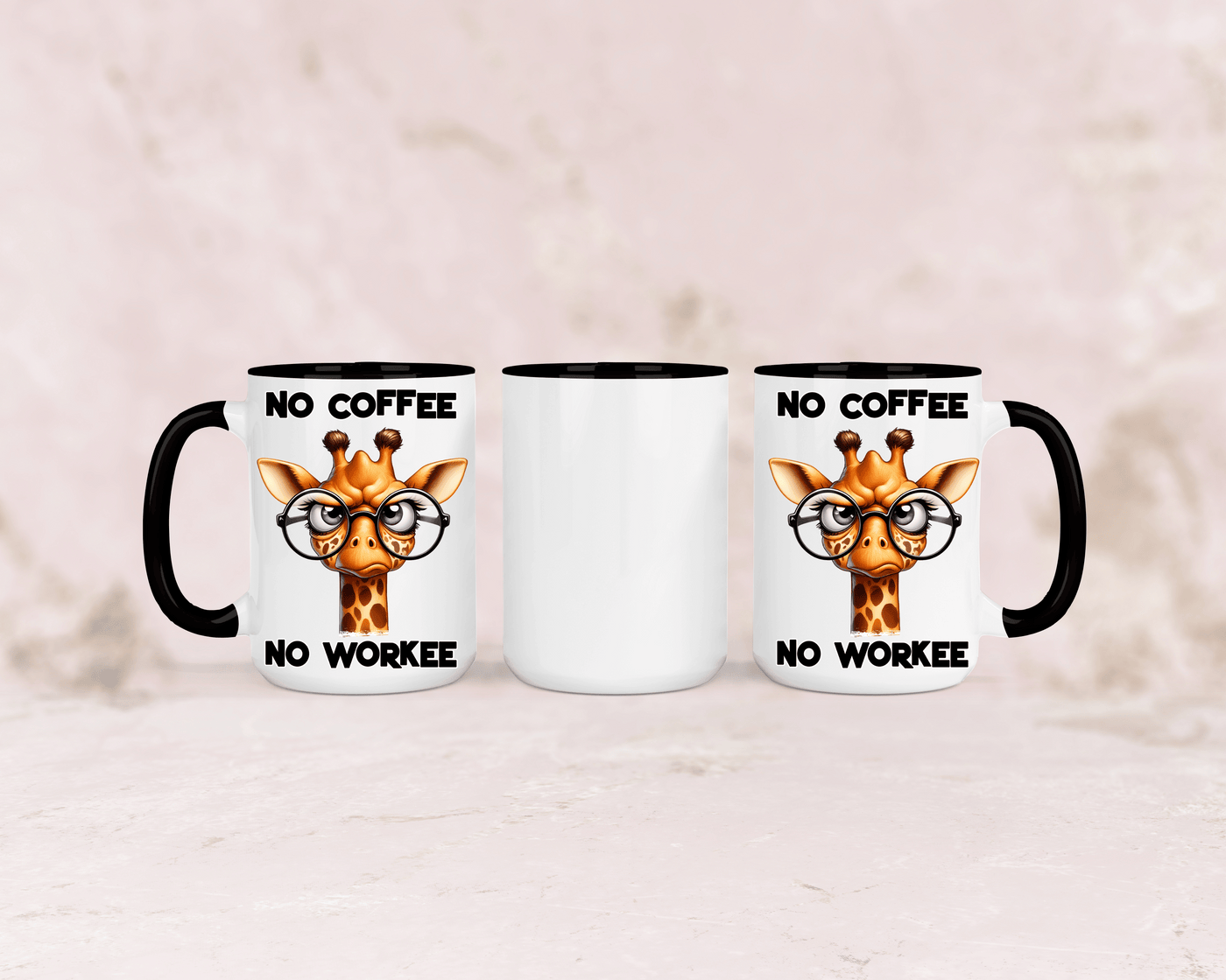 Tasse mit niedlicher Giraffe und dem Spruch „No Coffee No Workee“ – personalisierbar