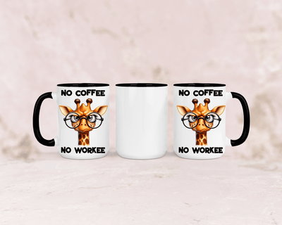 Tasse mit niedlicher Giraffe und dem Spruch „No Coffee No Workee“ – personalisierbar
