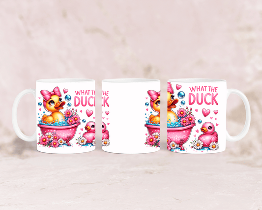 Tasse mit süßer Ente und lustigem Spruch „What the Duck“ – personalisierbar