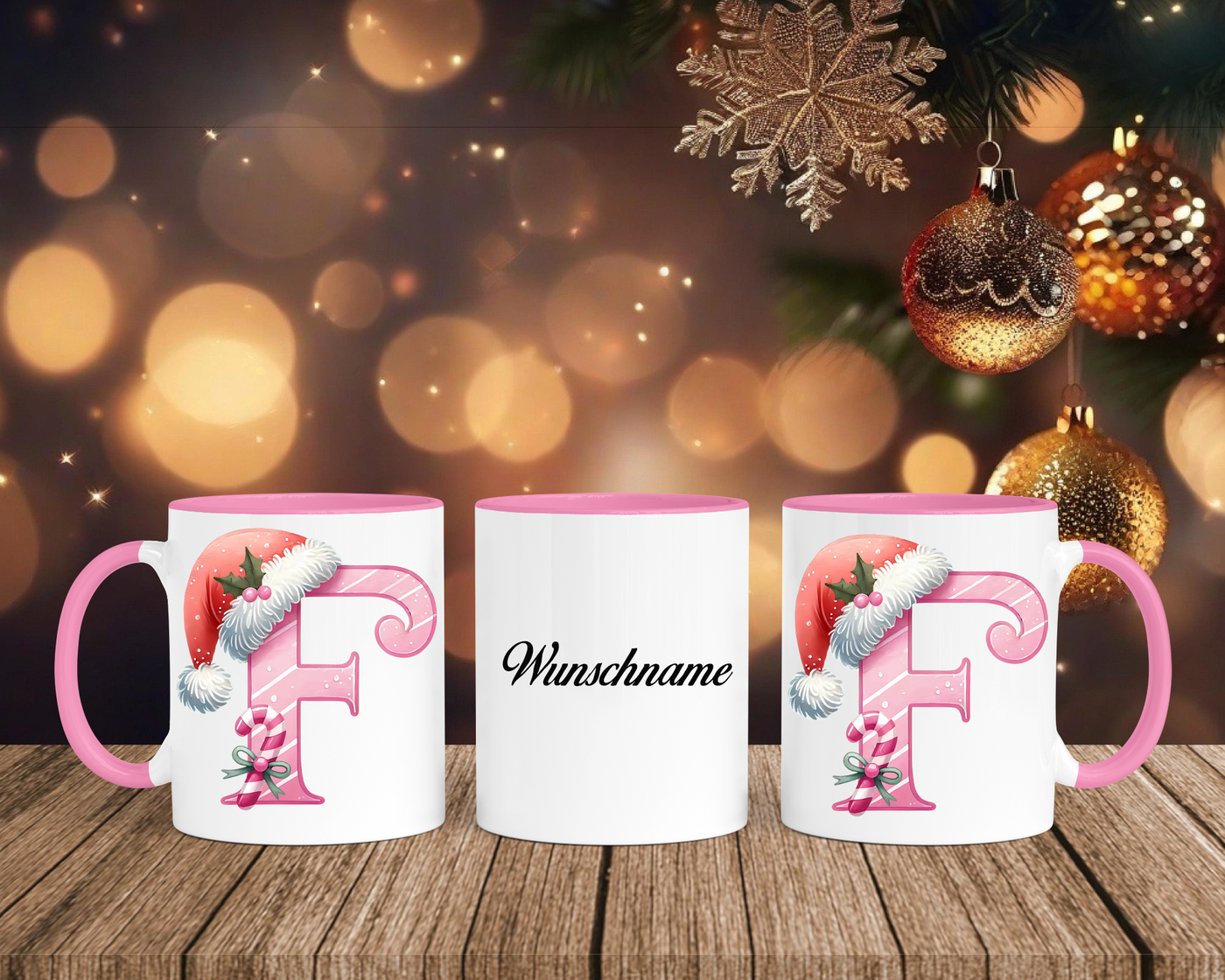 Personalisierte Keramik-Tasse in Rosa - mit Christmas Pink-Alphabet & Namen