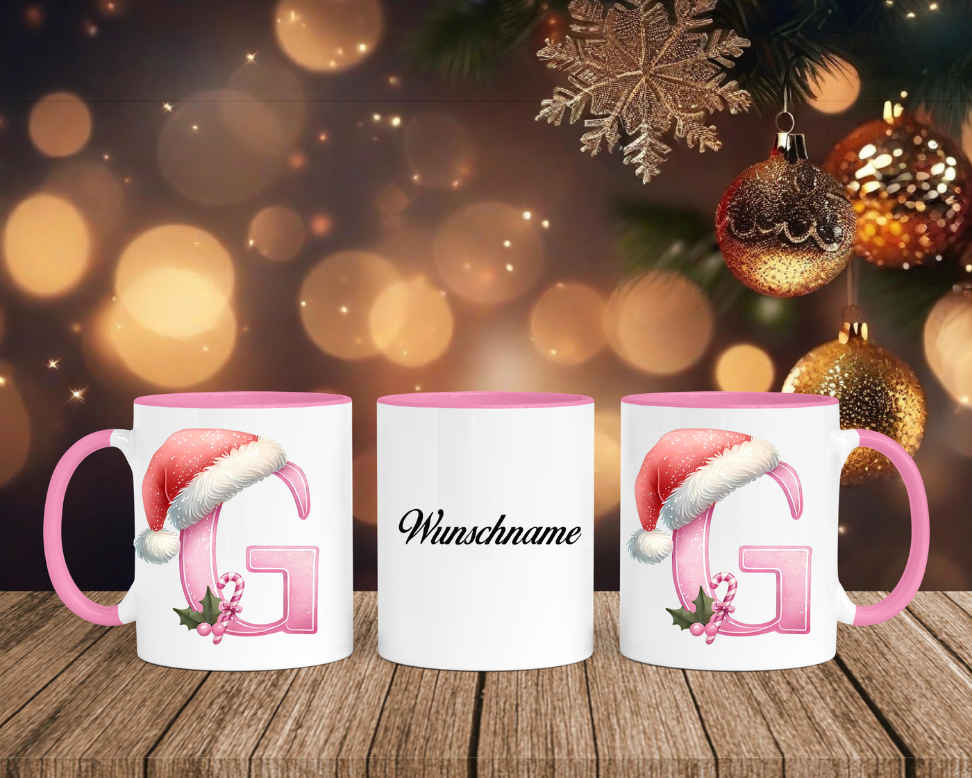 Personalisierte Keramik-Tasse in Rosa - mit Christmas Pink-Alphabet & Namen