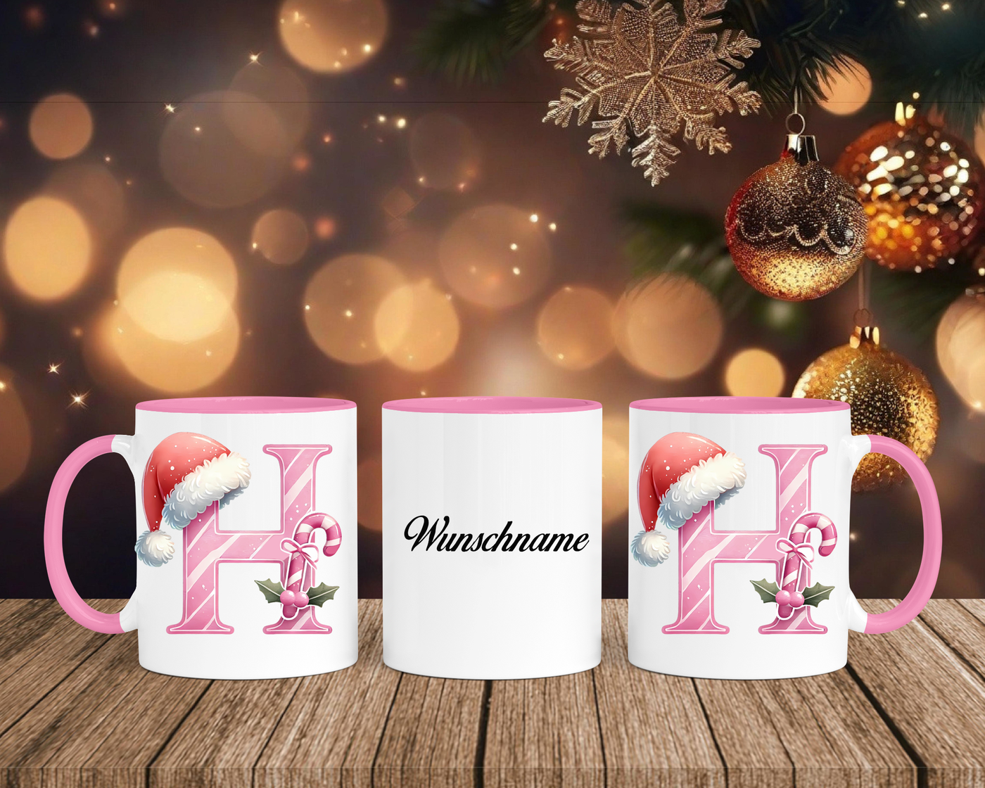 Personalisierte Keramik-Tasse in Rosa - mit Christmas Pink-Alphabet & Namen