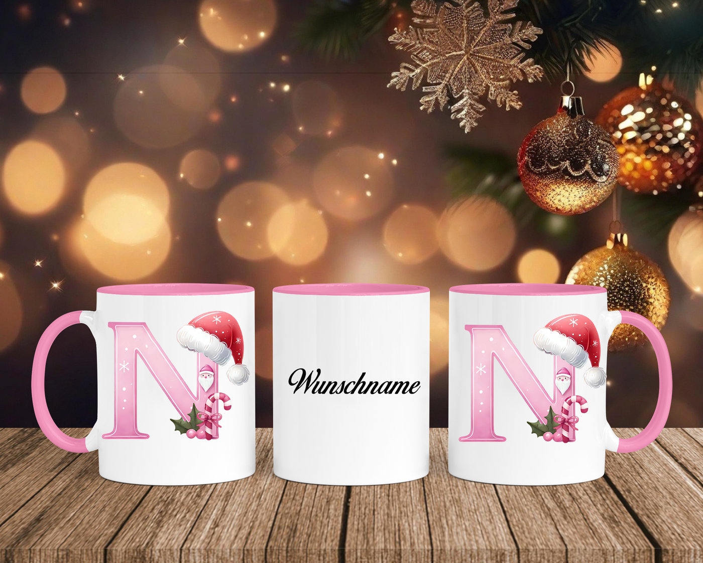 Personalisierte Keramik-Tasse in Rosa - mit Christmas Pink-Alphabet & Namen