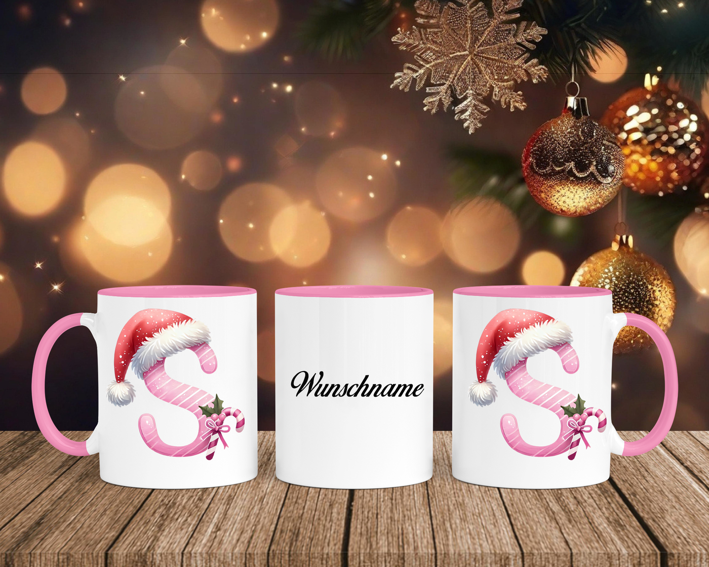 Personalisierte Keramik-Tasse in Rosa - mit Christmas Pink-Alphabet & Namen