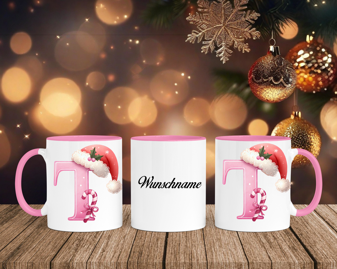 Personalisierte Keramik-Tasse in Rosa - mit Christmas Pink-Alphabet & Namen