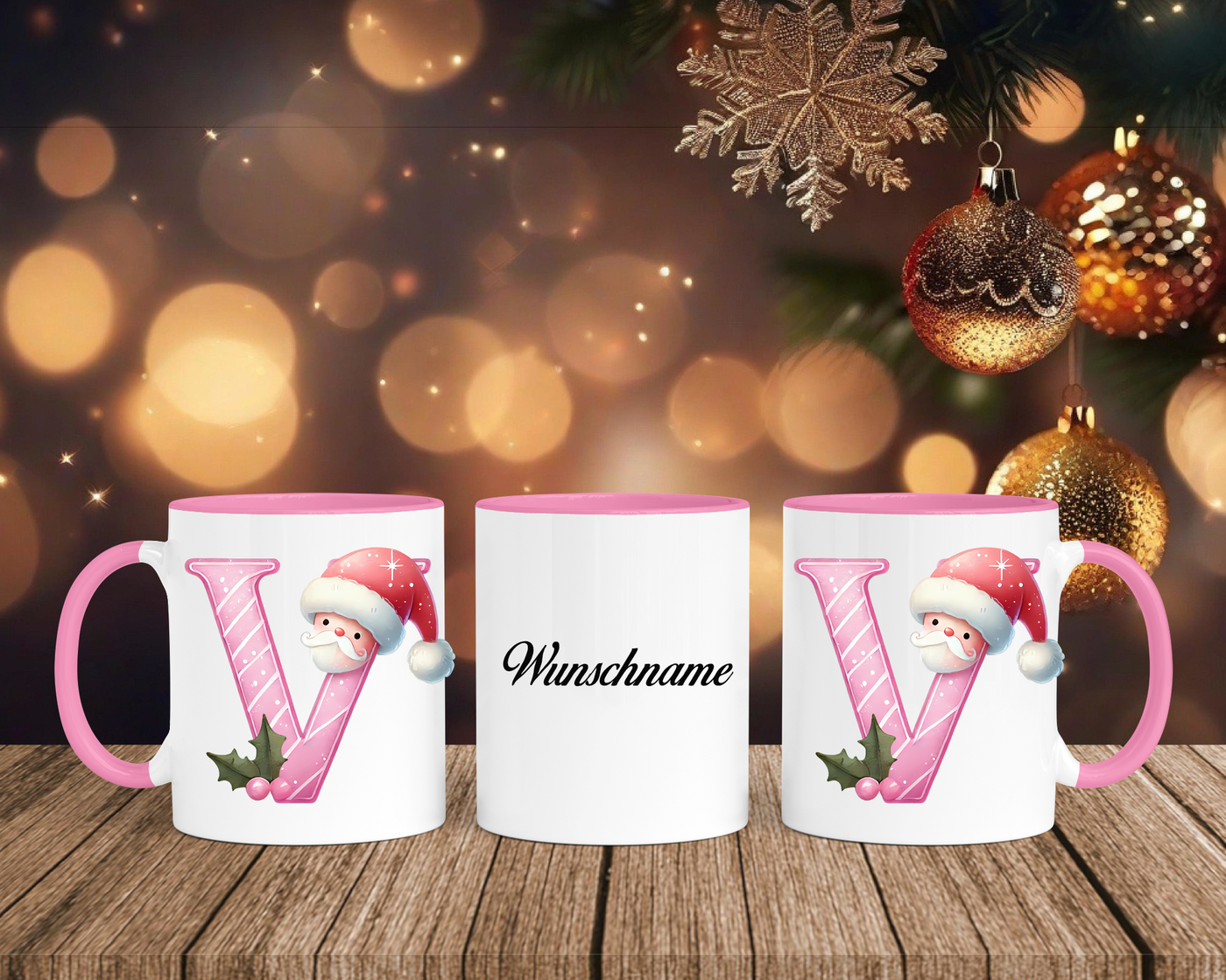 Personalisierte Keramik-Tasse in Rosa - mit Christmas Pink-Alphabet & Namen