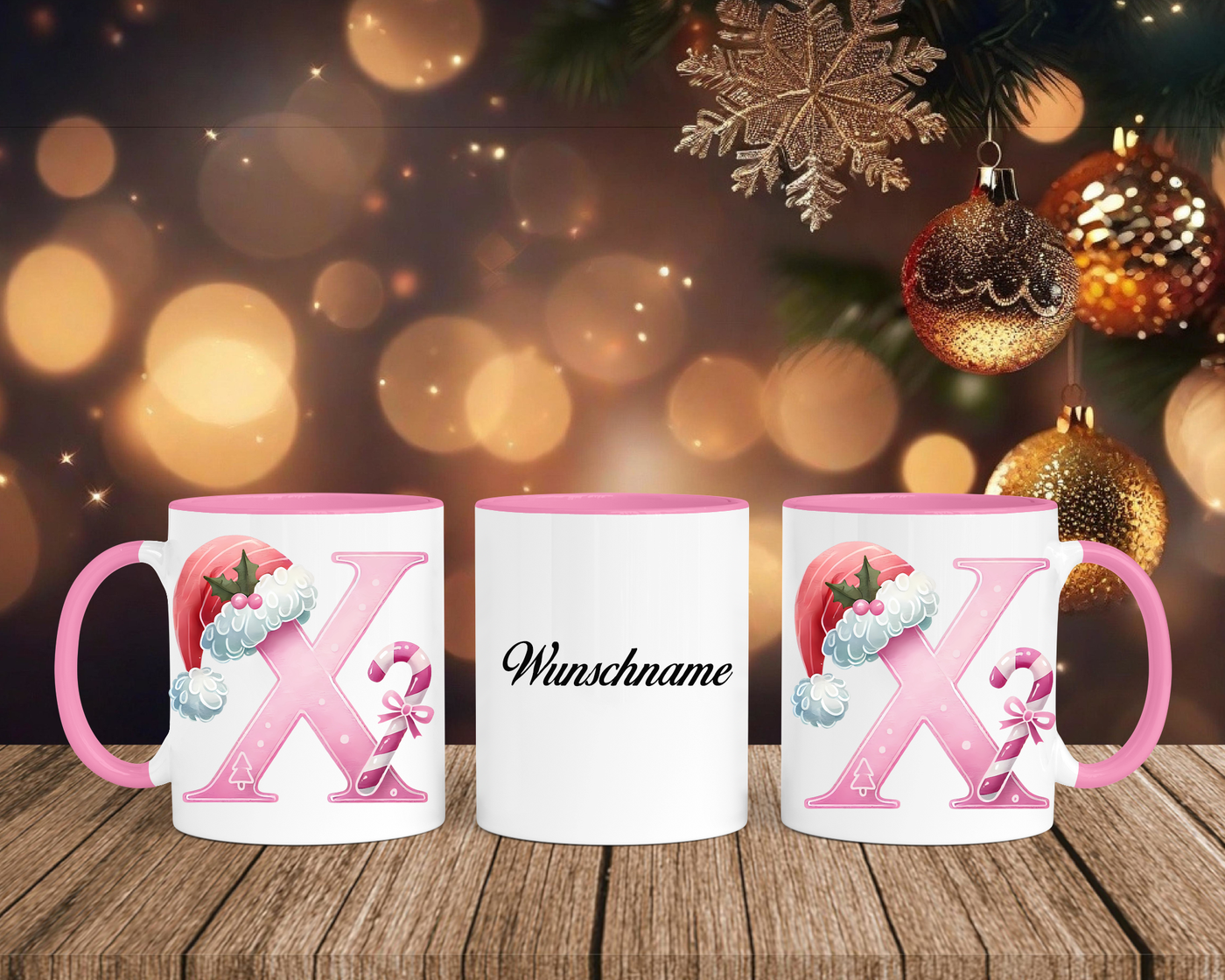 Personalisierte Keramik-Tasse in Rosa - mit Christmas Pink-Alphabet & Namen