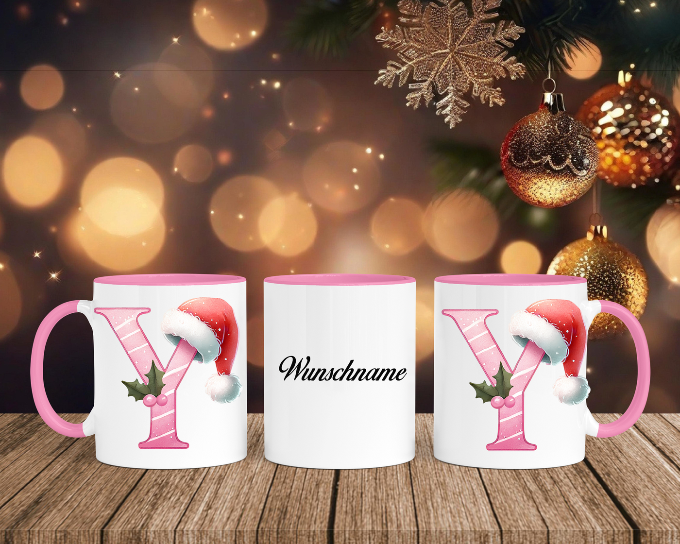 Personalisierte Keramik-Tasse in Rosa - mit Christmas Pink-Alphabet & Namen