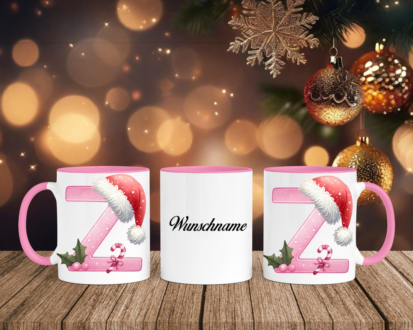 Personalisierte Keramik-Tasse in Rosa - mit Christmas Pink-Alphabet & Namen