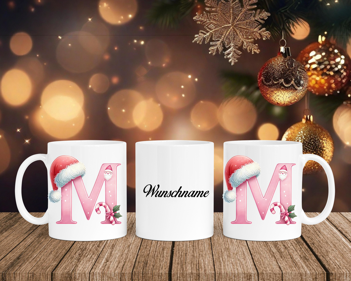 Personalisierte Keramik-Tasse in Weiß-mit Christmas Pink-Alphabet & Namen