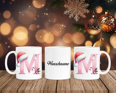 Personalisierte Keramik-Tasse in Weiß-mit Christmas Pink-Alphabet & Namen