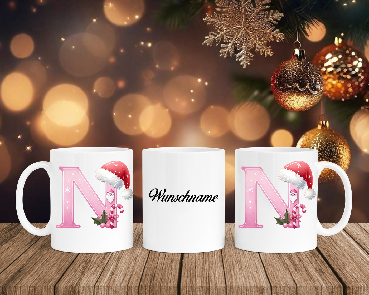 Personalisierte Keramik-Tasse in Weiß-mit Christmas Pink-Alphabet & Namen