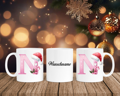 Personalisierte Keramik-Tasse in Weiß-mit Christmas Pink-Alphabet & Namen