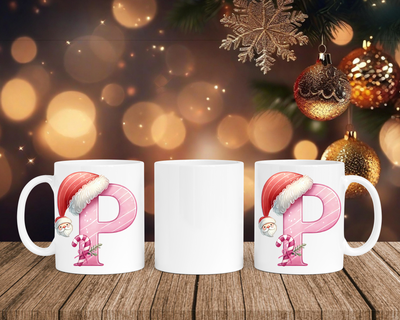 Personalisierte Keramik-Tasse in Weiß-mit Christmas Pink-Alphabet & Namen