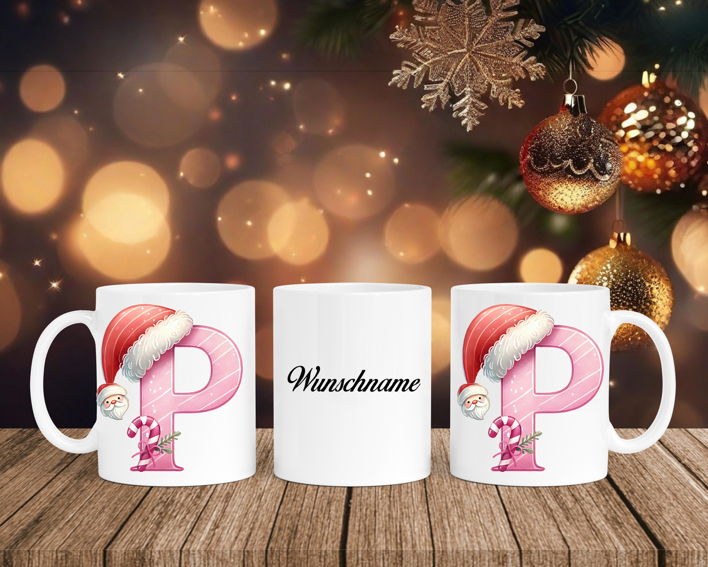 Personalisierte Keramik-Tasse in Weiß-mit Christmas Pink-Alphabet & Namen