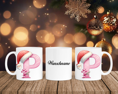 Personalisierte Keramik-Tasse in Weiß-mit Christmas Pink-Alphabet & Namen