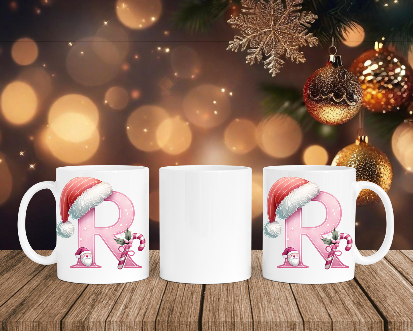 Personalisierte Keramik-Tasse in Weiß-mit Christmas Pink-Alphabet & Namen