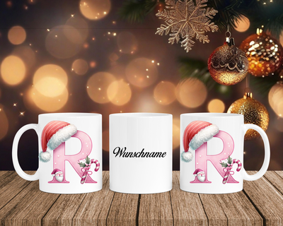 Personalisierte Keramik-Tasse in Weiß-mit Christmas Pink-Alphabet & Namen