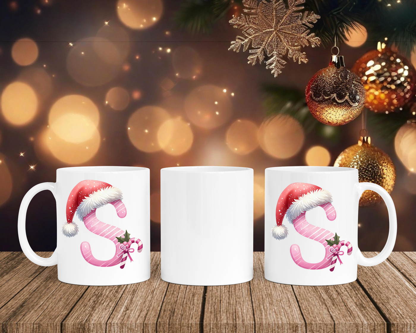Personalisierte Keramik-Tasse in Weiß-mit Christmas Pink-Alphabet & Namen