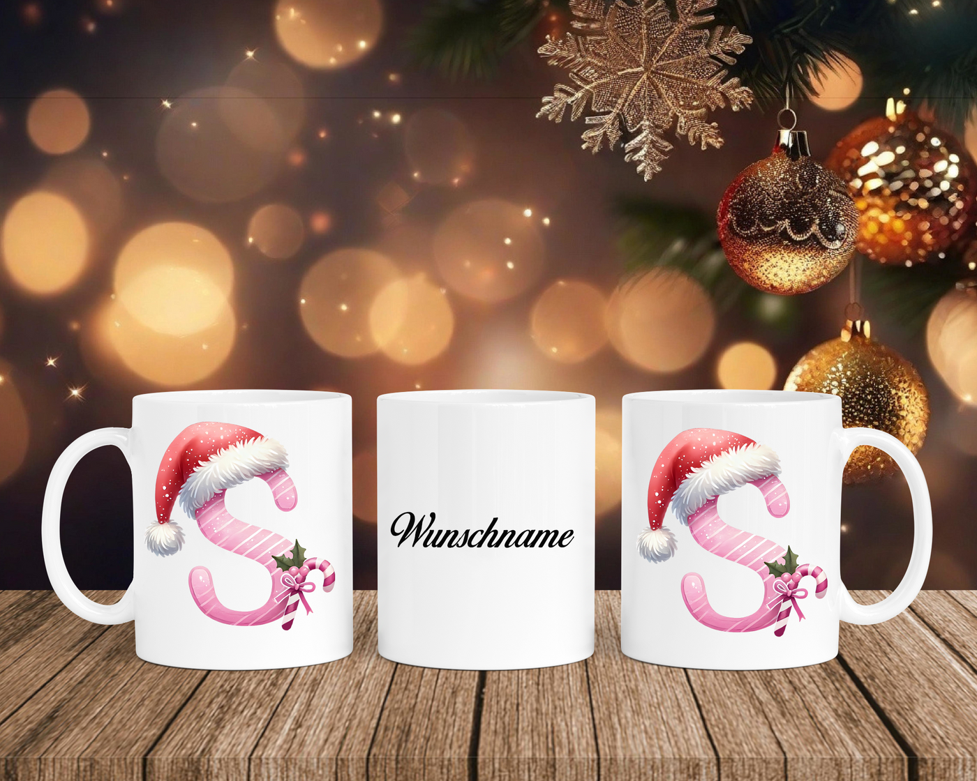 Personalisierte Keramik-Tasse in Weiß-mit Christmas Pink-Alphabet & Namen