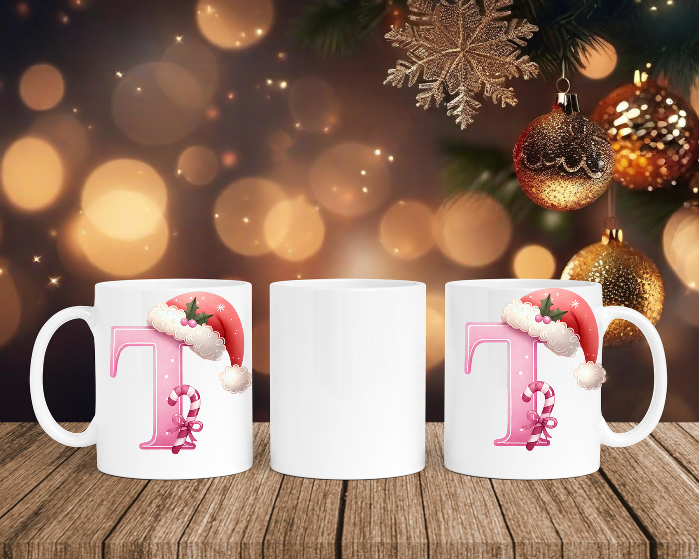 Personalisierte Keramik-Tasse in Weiß-mit Christmas Pink-Alphabet & Namen