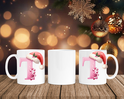 Personalisierte Keramik-Tasse in Weiß-mit Christmas Pink-Alphabet & Namen