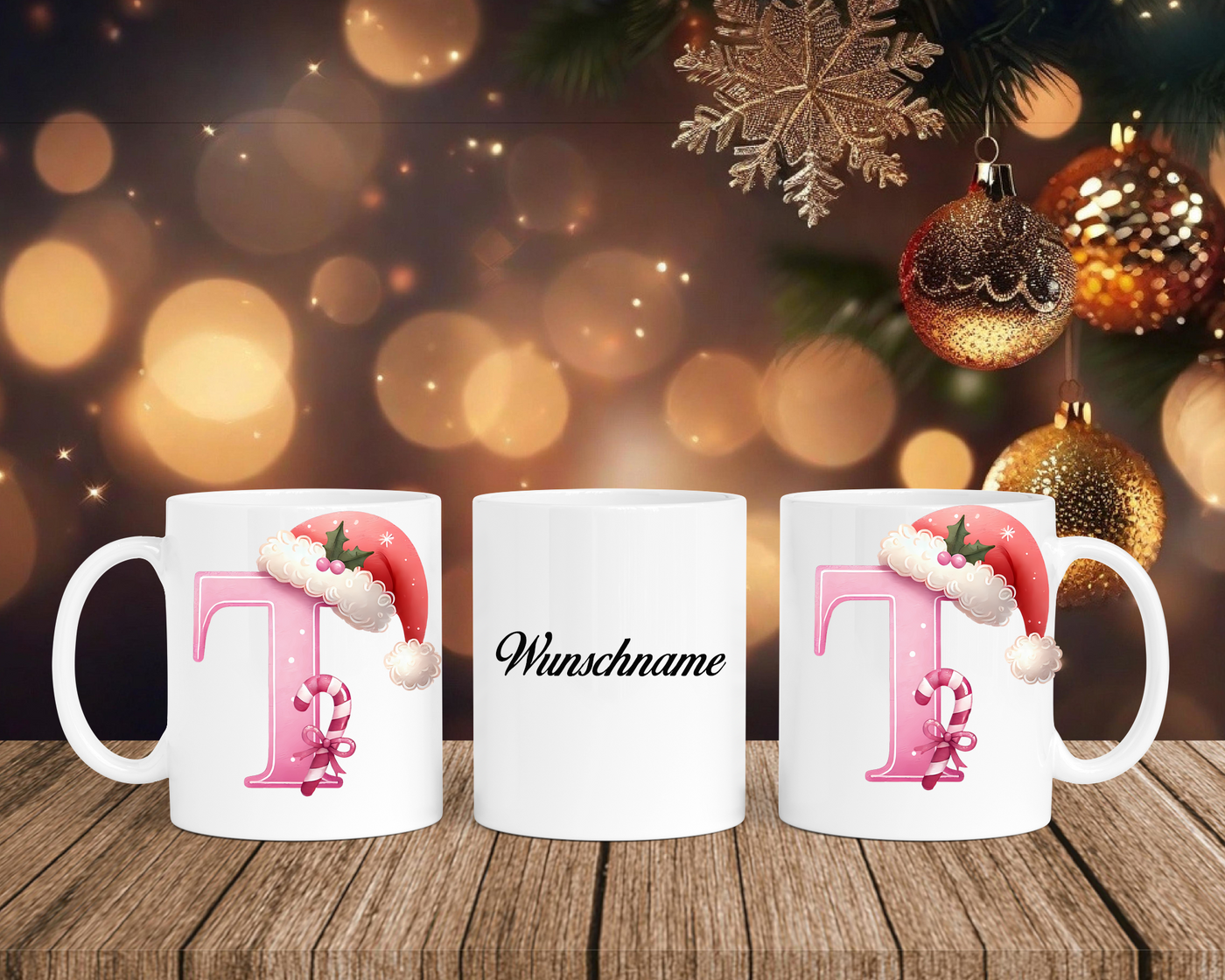 Personalisierte Keramik-Tasse in Weiß-mit Christmas Pink-Alphabet & Namen