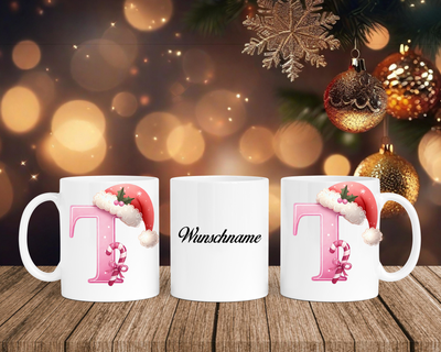 Personalisierte Keramik-Tasse in Weiß-mit Christmas Pink-Alphabet & Namen
