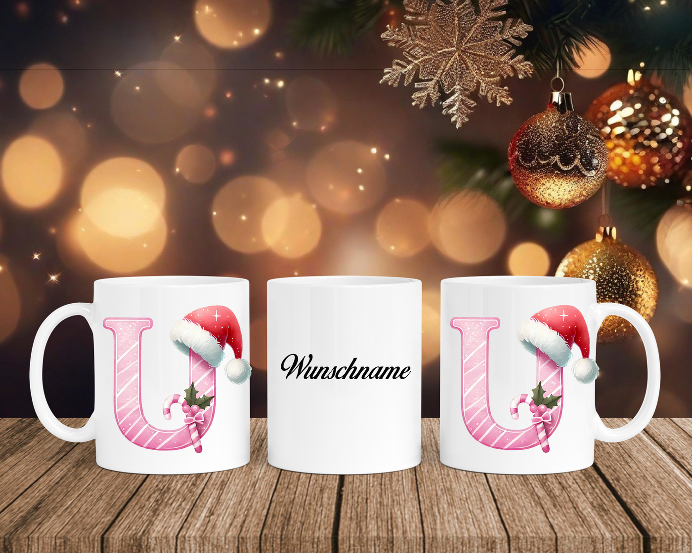 Personalisierte Keramik-Tasse in Weiß-mit Christmas Pink-Alphabet & Namen