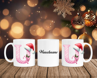 Personalisierte Keramik-Tasse in Weiß-mit Christmas Pink-Alphabet & Namen