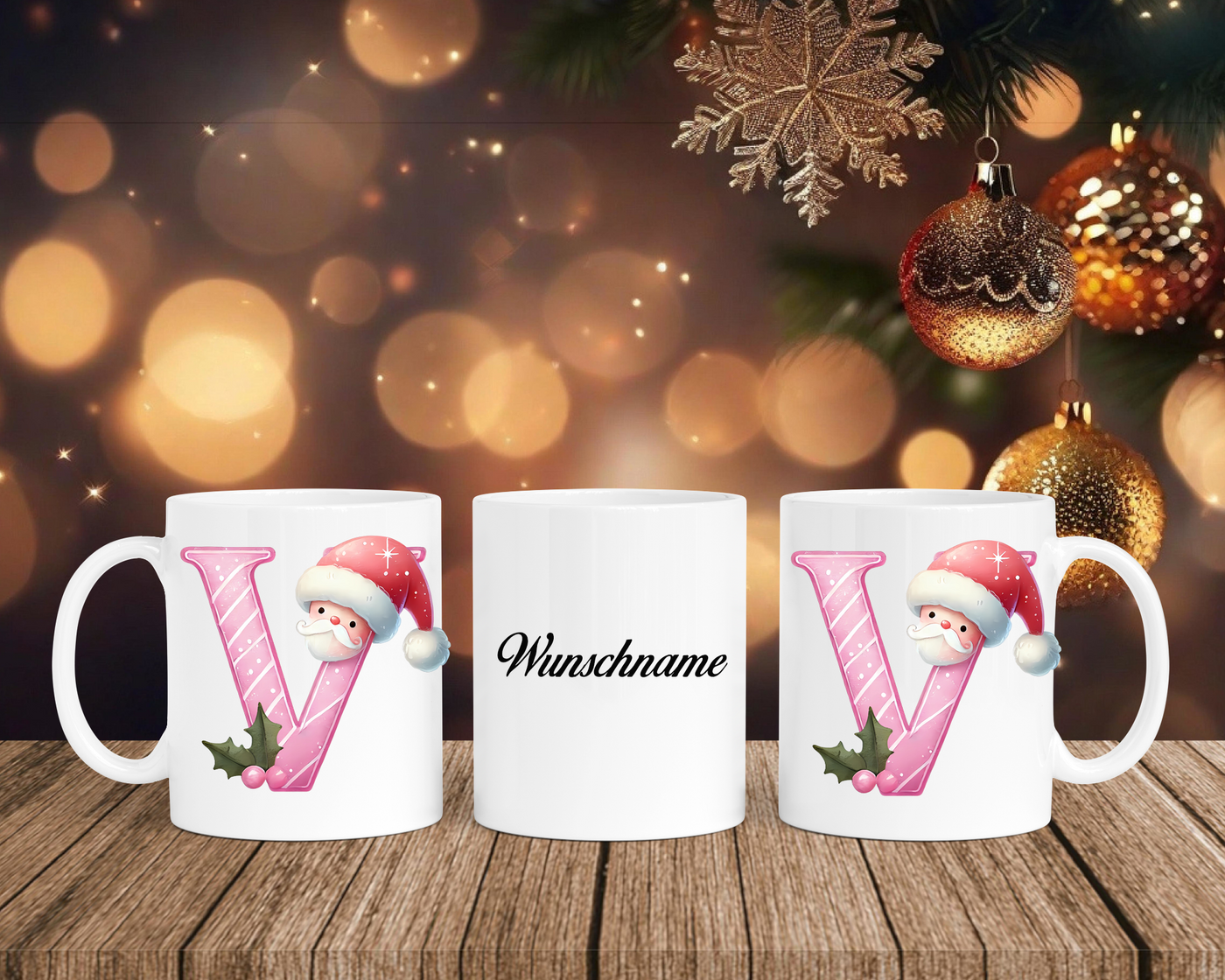 Personalisierte Keramik-Tasse in Weiß-mit Christmas Pink-Alphabet & Namen