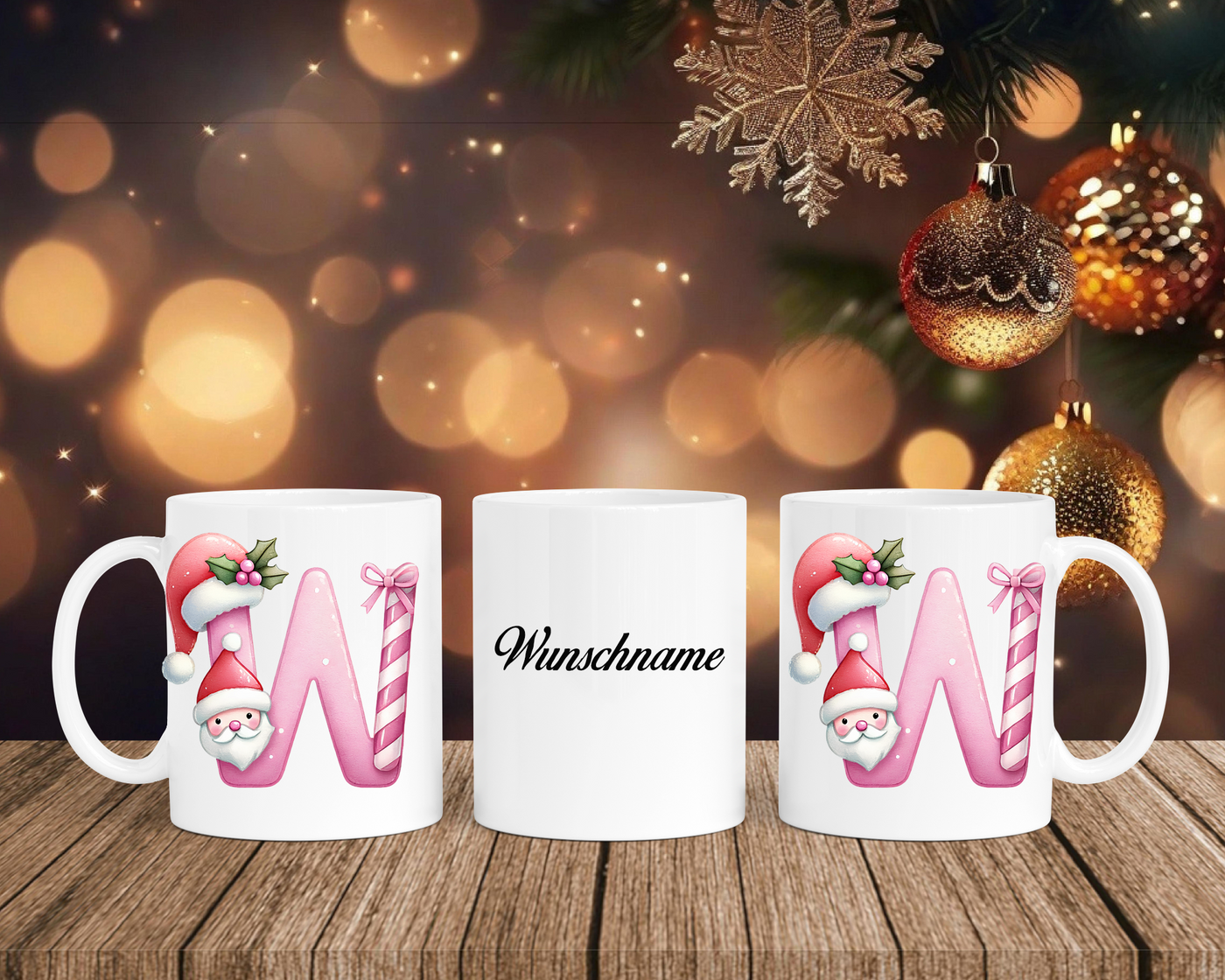Personalisierte Keramik-Tasse in Weiß-mit Christmas Pink-Alphabet & Namen