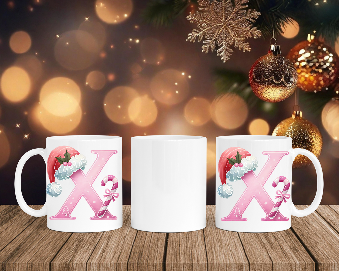 Personalisierte Keramik-Tasse in Weiß-mit Christmas Pink-Alphabet & Namen