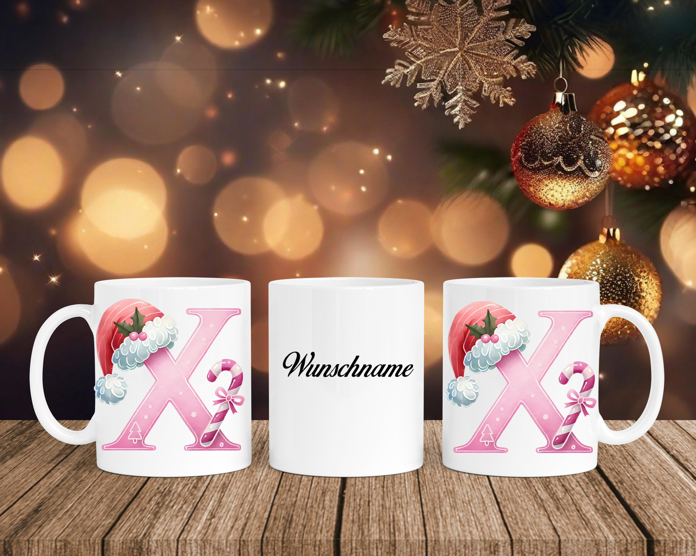Personalisierte Keramik-Tasse in Weiß-mit Christmas Pink-Alphabet & Namen