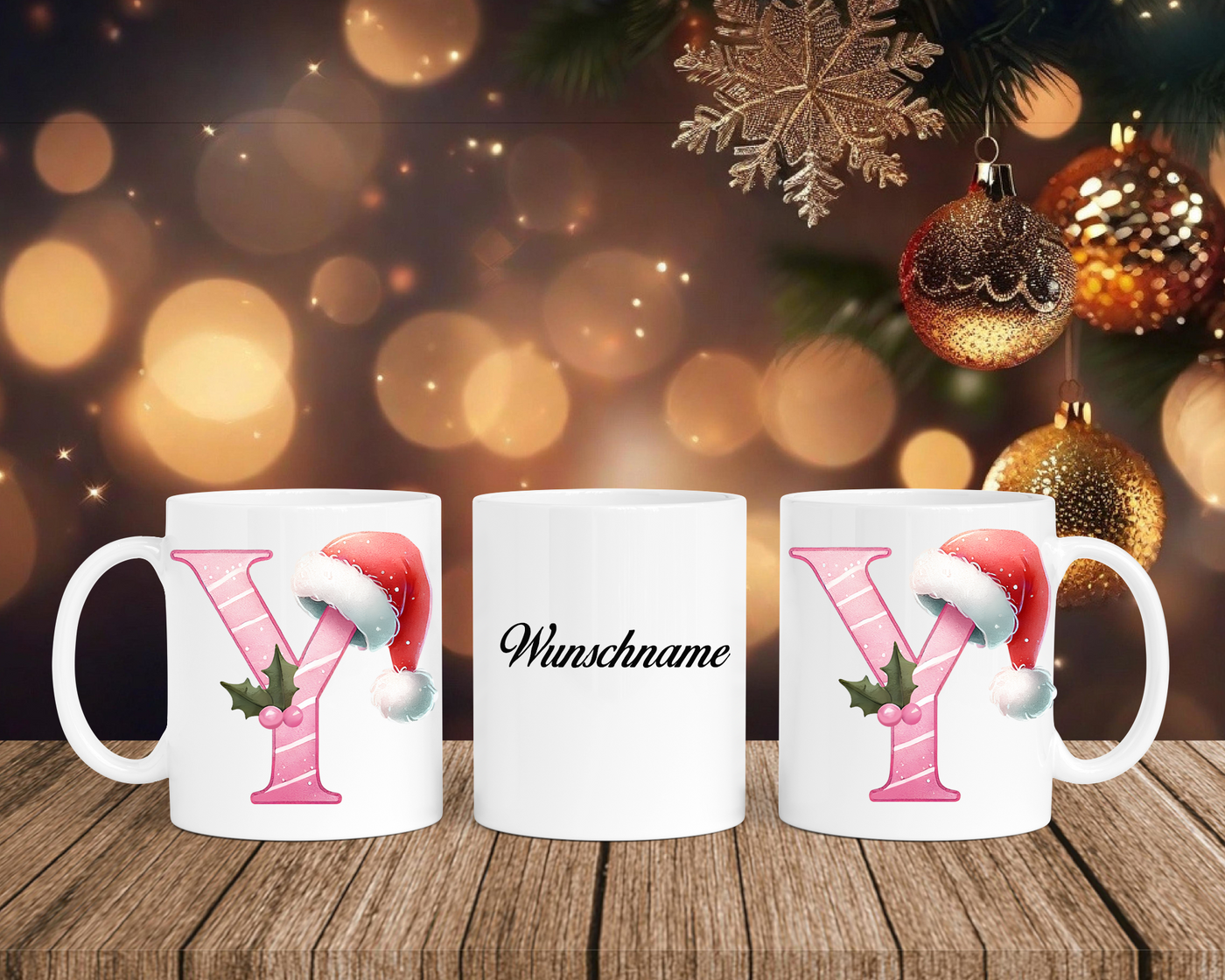 Personalisierte Keramik-Tasse in Weiß-mit Christmas Pink-Alphabet & Namen