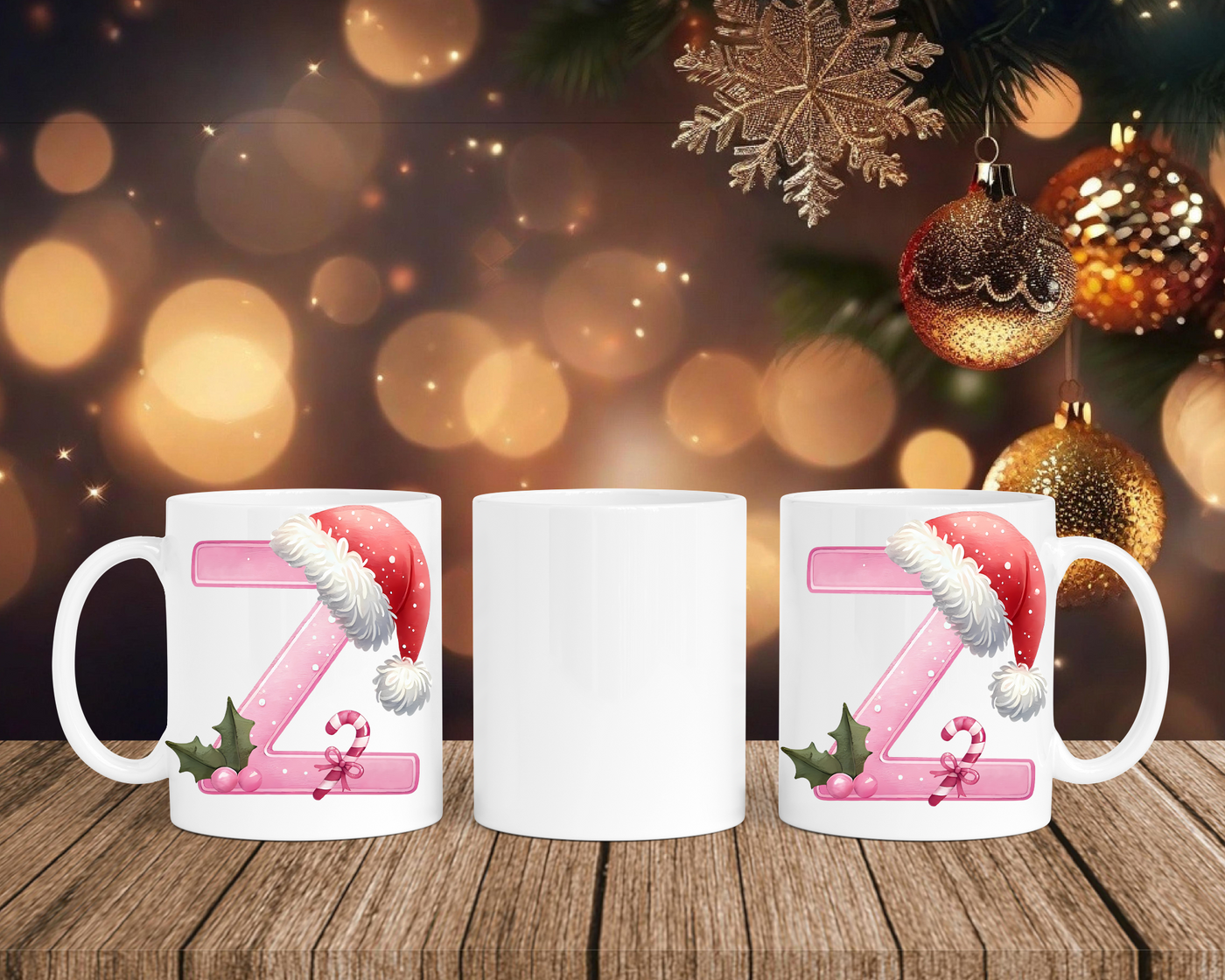 Personalisierte Keramik-Tasse in Weiß-mit Christmas Pink-Alphabet & Namen