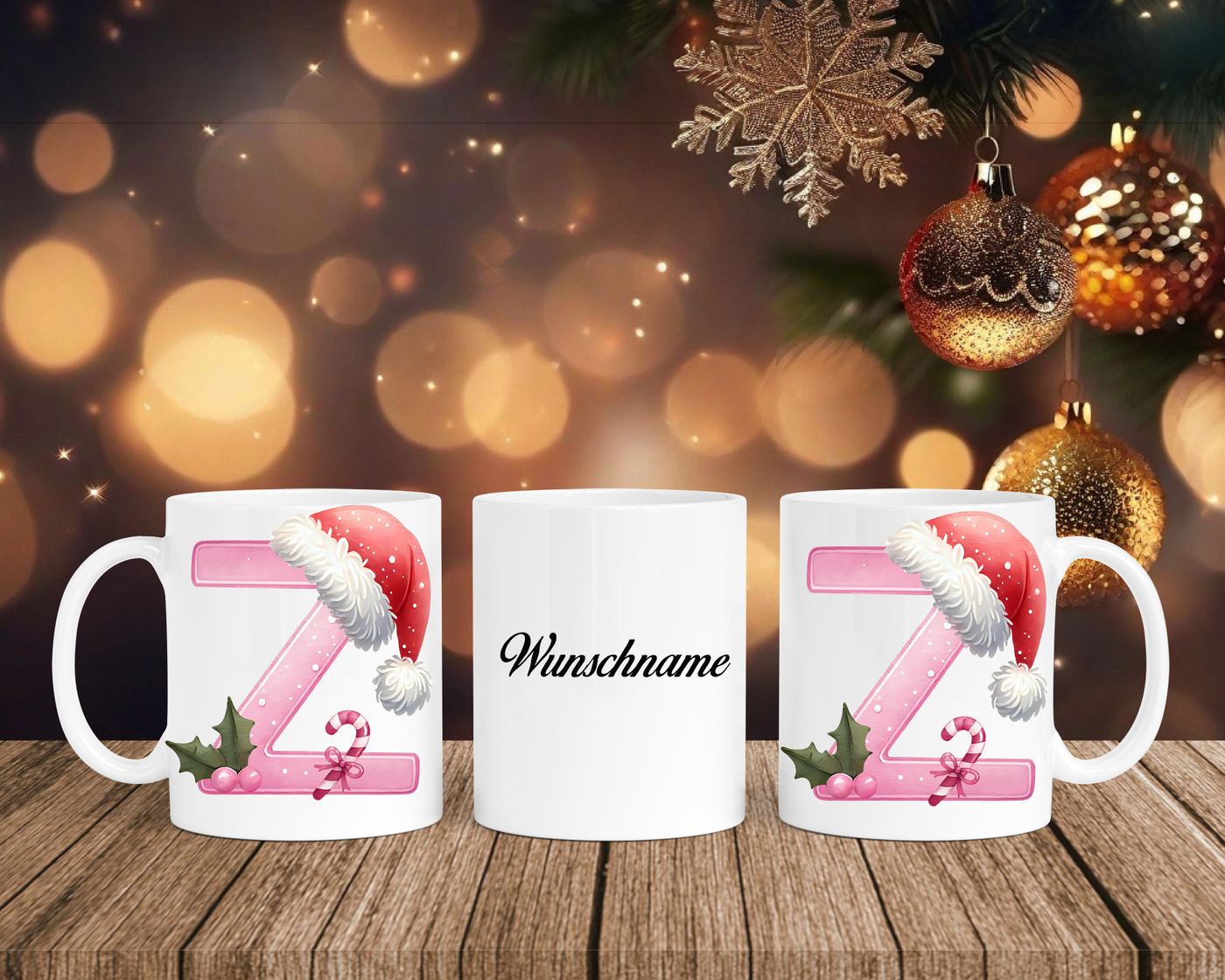 Personalisierte Keramik-Tasse in Weiß-mit Christmas Pink-Alphabet & Namen