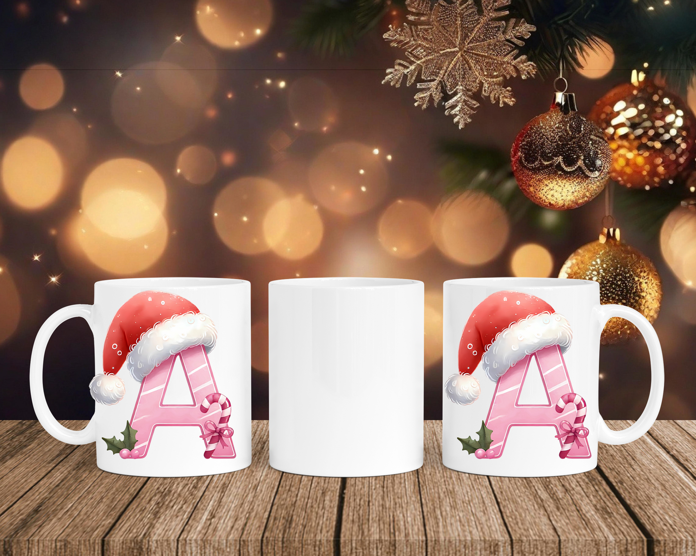 Personalisierte Keramik-Tasse in Weiß-mit Christmas Pink-Alphabet & Namen