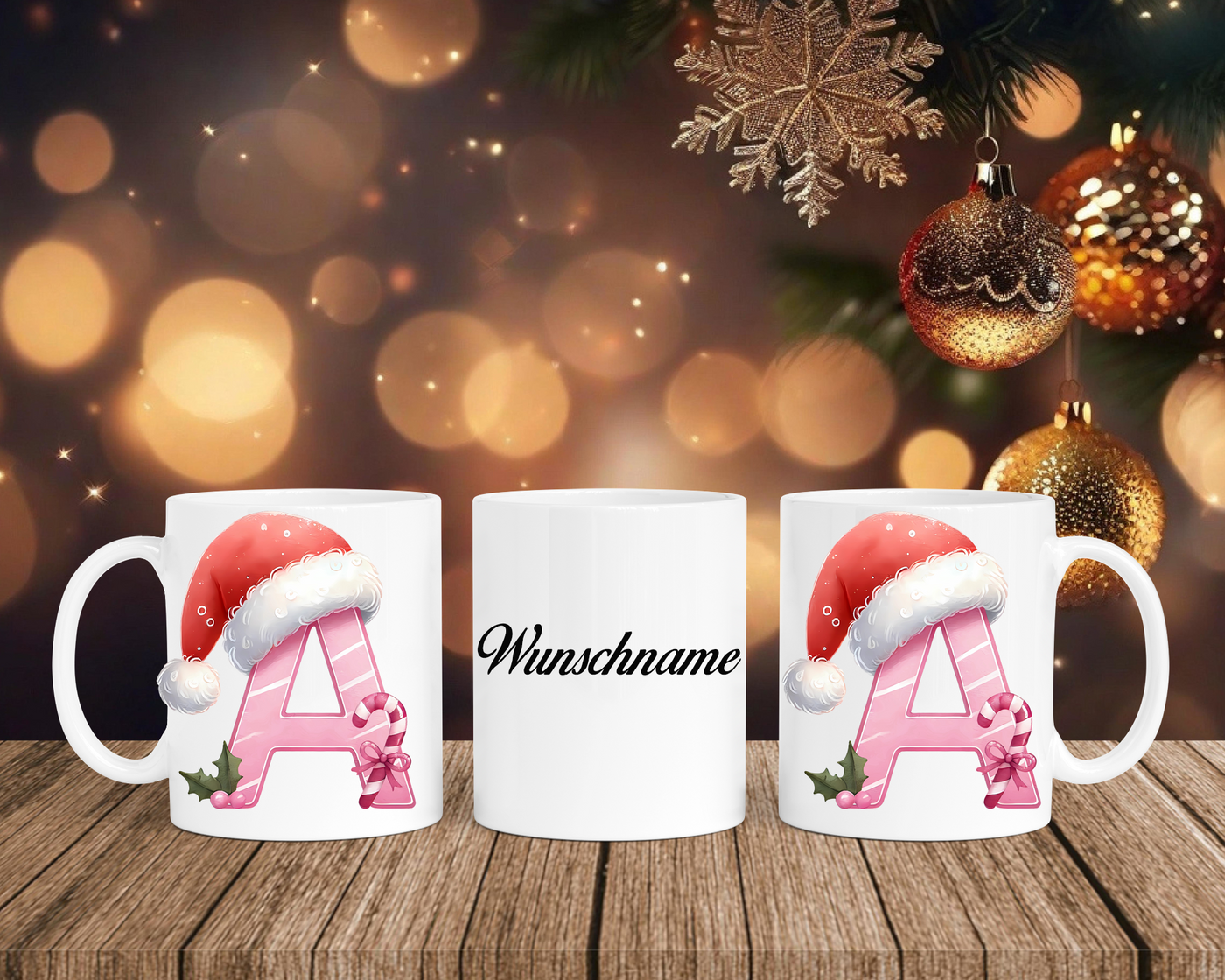 Personalisierte Keramik-Tasse in Weiß-mit Christmas Pink-Alphabet & Namen