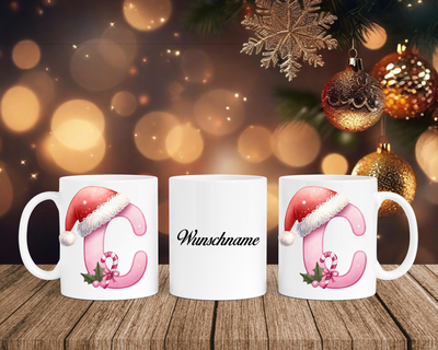 Personalisierte Keramik-Tasse in Weiß-mit Christmas Pink-Alphabet & Namen