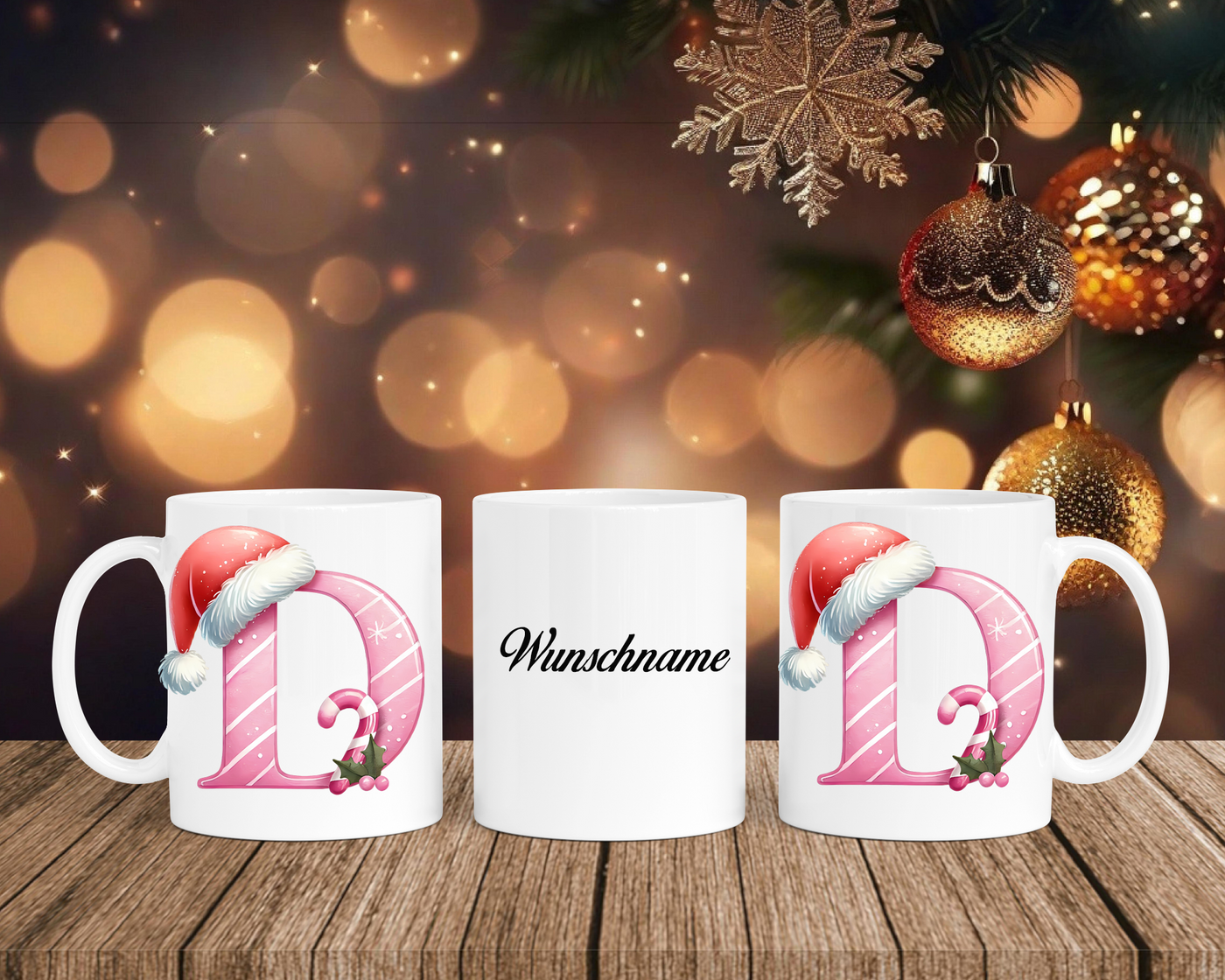 Personalisierte Keramik-Tasse in Weiß-mit Christmas Pink-Alphabet & Namen