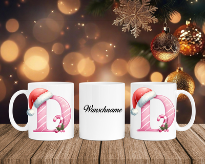 Personalisierte Keramik-Tasse in Weiß-mit Christmas Pink-Alphabet & Namen