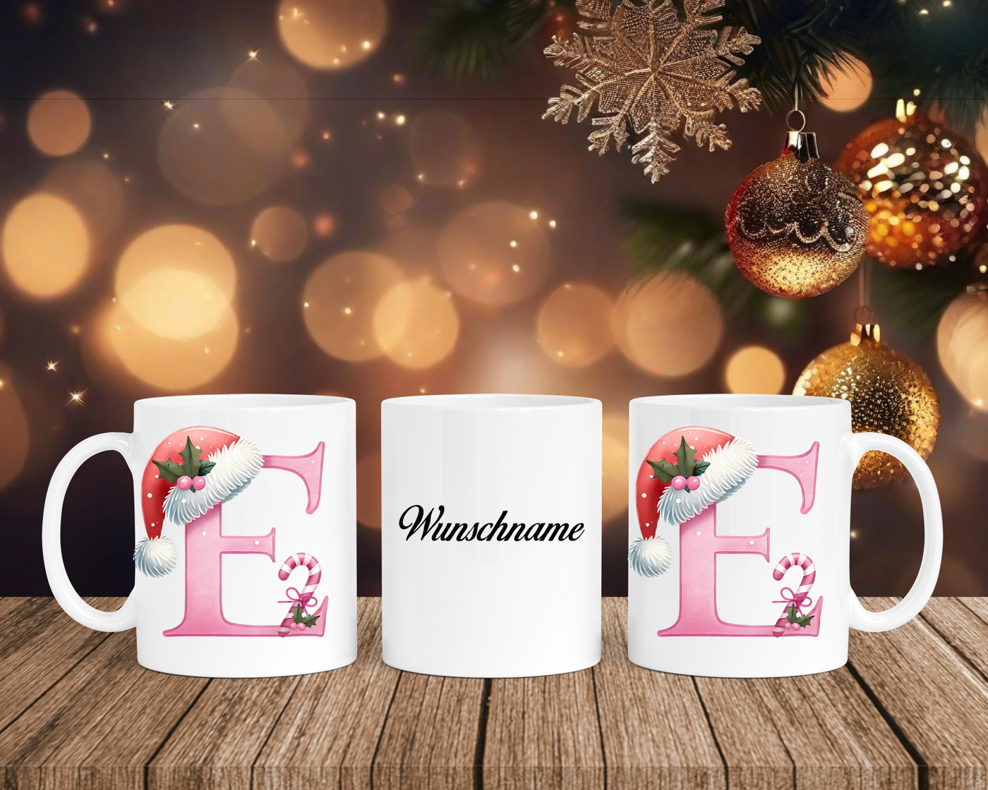 Personalisierte Keramik-Tasse in Weiß-mit Christmas Pink-Alphabet & Namen