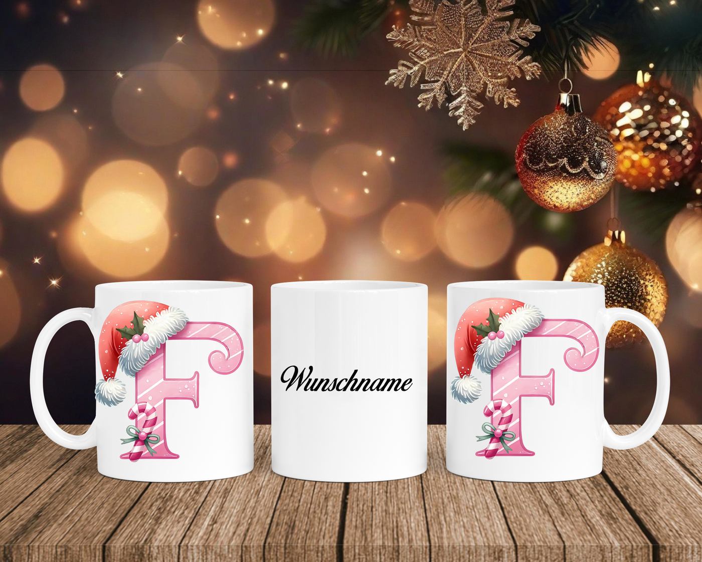 Personalisierte Keramik-Tasse in Weiß-mit Christmas Pink-Alphabet & Namen