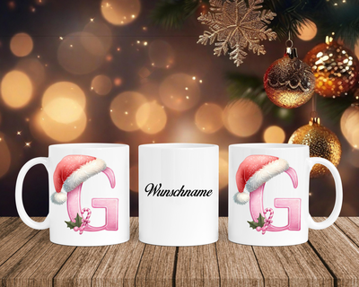 Personalisierte Keramik-Tasse in Weiß-mit Christmas Pink-Alphabet & Namen